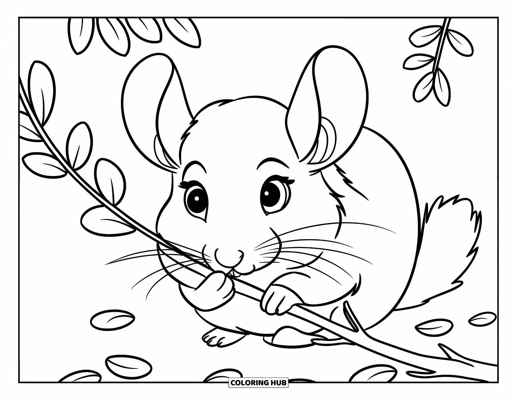 Chinchilla Coloring Page for Kids: Chinchilla holds a leafy branch with leaves scattered around