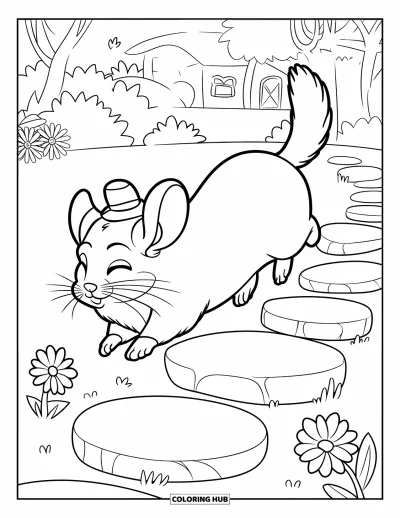 Coloriage de chinchilla pour enfants : Un chinchilla saute sur des pierres de jardin avec un chapeau et une expression joyeuse