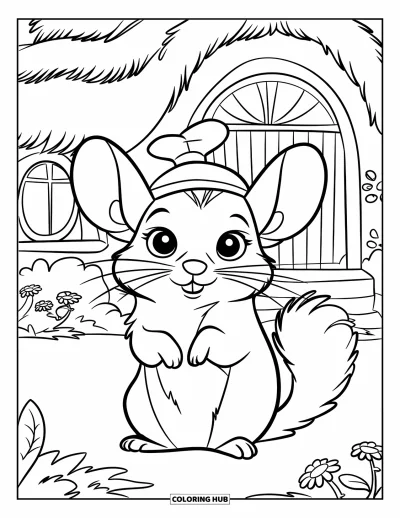 Coloriage de chinchilla pour enfants : Un chinchilla avec un joli chapeau est assis joyeusement devant un cottage fleuri blanc