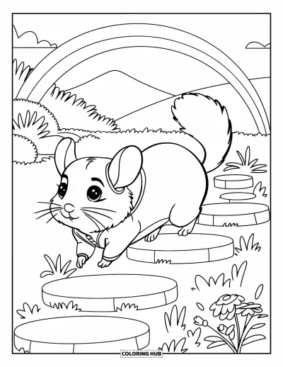 Coloriage de chinchilla pour enfants : Un chinchilla en veste sautille sur des pierres de jardin sous un ciel orné d'un arc-en-ciel