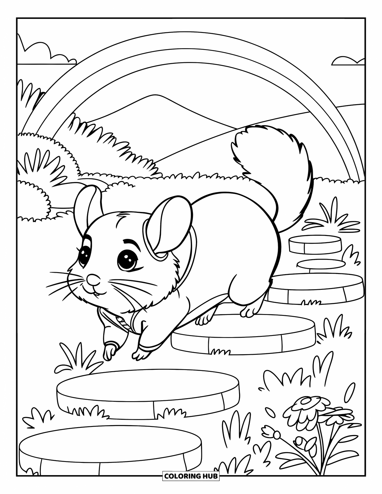 Chinchilla Coloring Page for Kids: Chinchilla in a jacket hops across garden stones under a sky with a rainbow