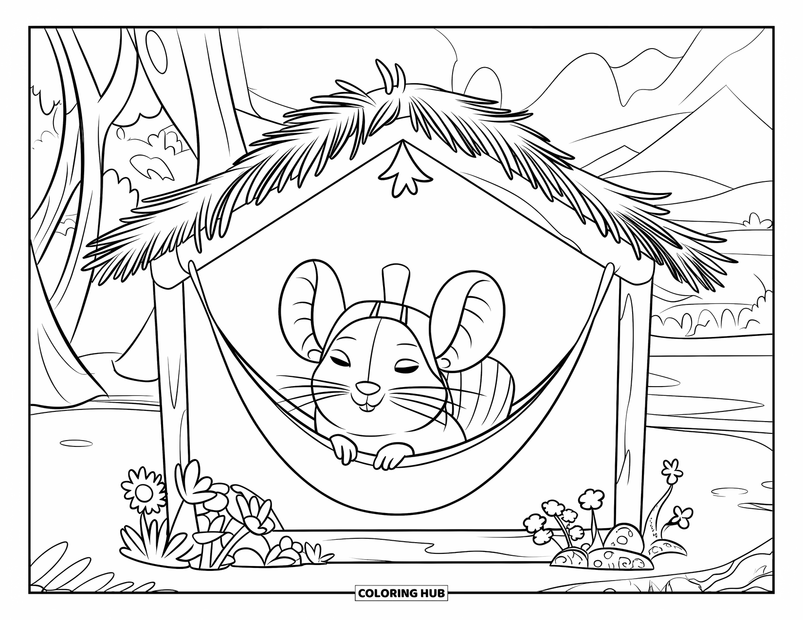 Chinchilla Coloring Page for Kids: Chinchilla naps in a hammock under a thatched roof in a floral enclosure