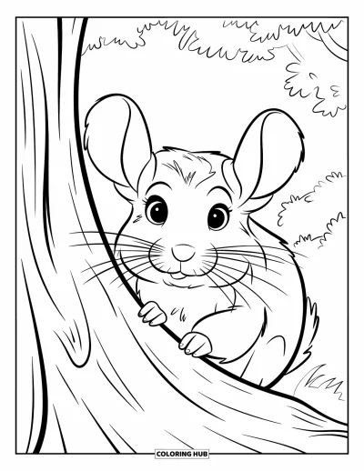 Coloriage de chinchilla pour enfants : Un chinchilla pointe le bout du nez depuis un tronc d'arbre dans une forêt verdoyante
