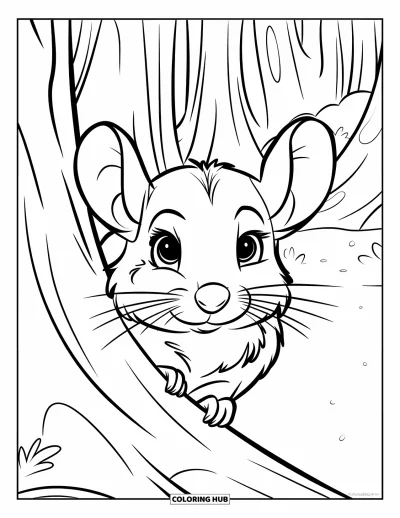 Coloriage de chinchilla pour enfants : Un chinchilla se cache timidement derrière un grand arbre forestier