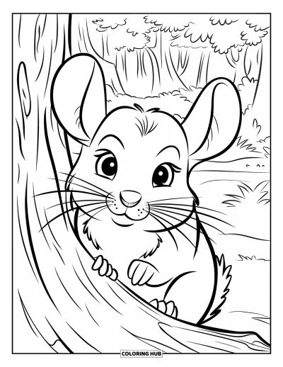 Coloriage de chinchilla pour enfants : Un chinchilla observe depuis une branche dans une forêt dense et feuillue