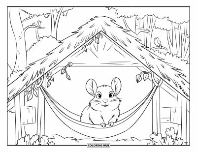 Coloriage de chinchilla pour enfants : Un chinchilla se détend dans un hamac sous des lianes feuillues dans un enclos forestier
