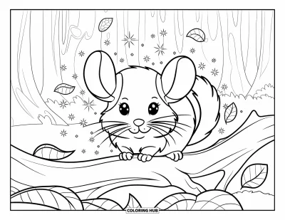 Coloriage de chinchilla pour enfants : Un chinchilla se repose sur une branche parmi des feuilles et des étincelles dans une forêt féerique