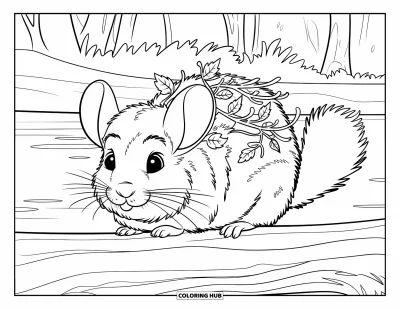 Coloriage de chinchilla pour enfants : Un chinchilla se repose sur un tronc près de feuilles d'automne au bord d'une étendue d'eau paisible