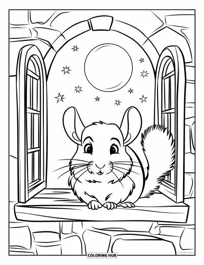 Coloriage de chinchilla pour enfants : Un chinchilla se repose sur un perchoir dans une fenêtre éclairée par la lune encadrée de murs en pierre