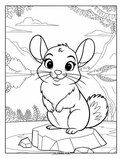 Coloriage de chinchilla pour enfants : Un chinchilla se repose sur un rocher près d'un lac calme et de plantes de montagne en fleurs