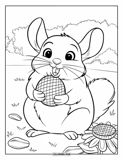 Coloriage de chinchilla pour enfants : Un chinchilla assis dans un champ avec des coques de graines de tournesol éparpillées autour de lui