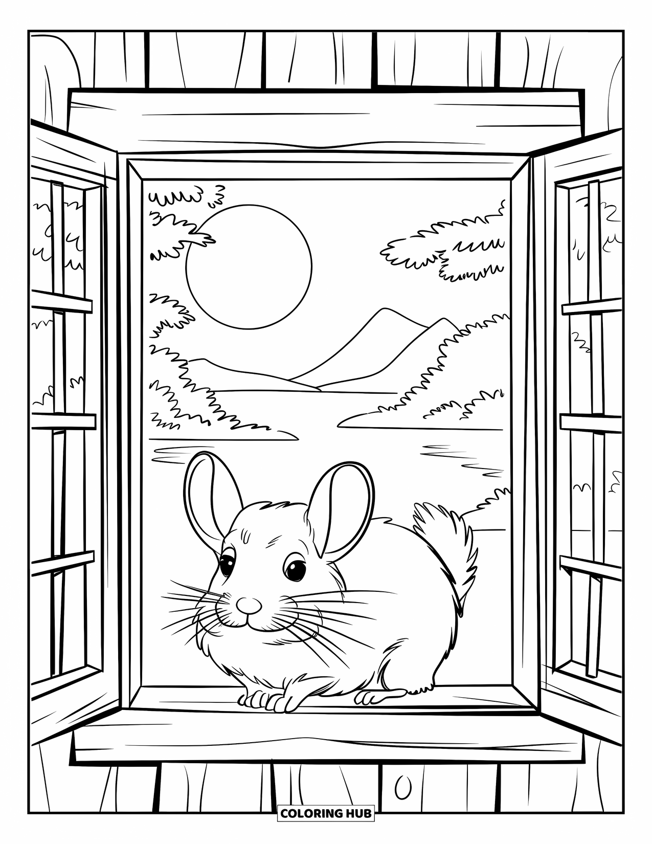 Chinchilla Coloring Page for Kids: Chinchilla sits inside a wooden enclosure under the moon and stars