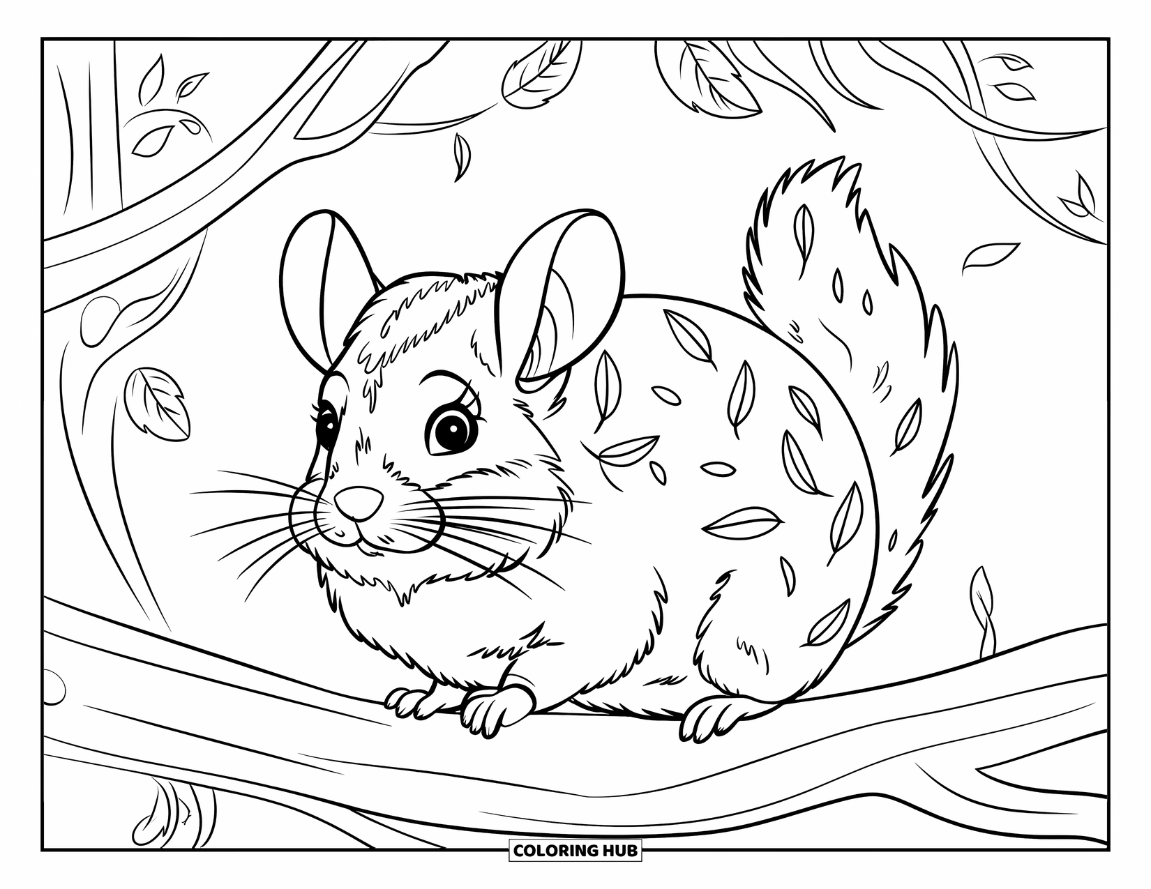 Chinchilla Coloring Page for Kids: Chinchilla sits on a branch with twigs tangled in its fur in a quiet forest
