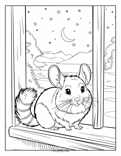 Coloriage de chinchilla pour enfants : Un chinchilla assis sur un rebord sous un ciel étoilé avec des arbres et un lac au clair de lune