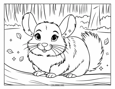 Coloriage de chinchilla pour enfants : Un chinchilla assis sur un tronc avec des étincelles et des feuilles dans une clairière forestière tranquille