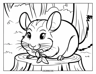 Coloriage de chinchilla pour enfants : Un chinchilla assis sur une souche mâchouille une branche feuillue dans les bois
