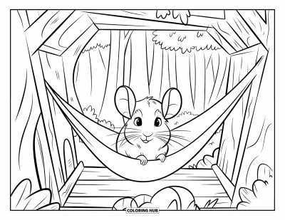 Coloriage de chinchilla pour enfants : Un chinchilla assis dans un hamac tendu entre des branches dans une cabane boisée