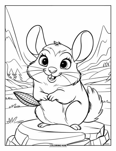 Coloriage de chinchilla pour enfants : Un chinchilla souriant tient une graine de tournesol sur un rocher de montagne paisible
