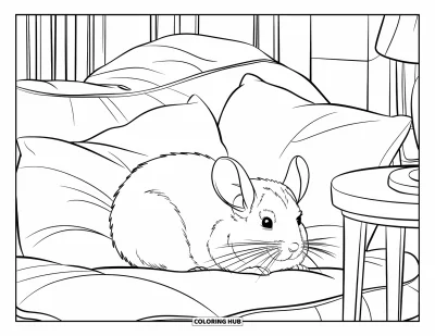 Coloriage de chinchilla pour enfants : Un chinchilla se blottit entre des oreillers dans une pièce douillette avec une lampe et une fenêtre