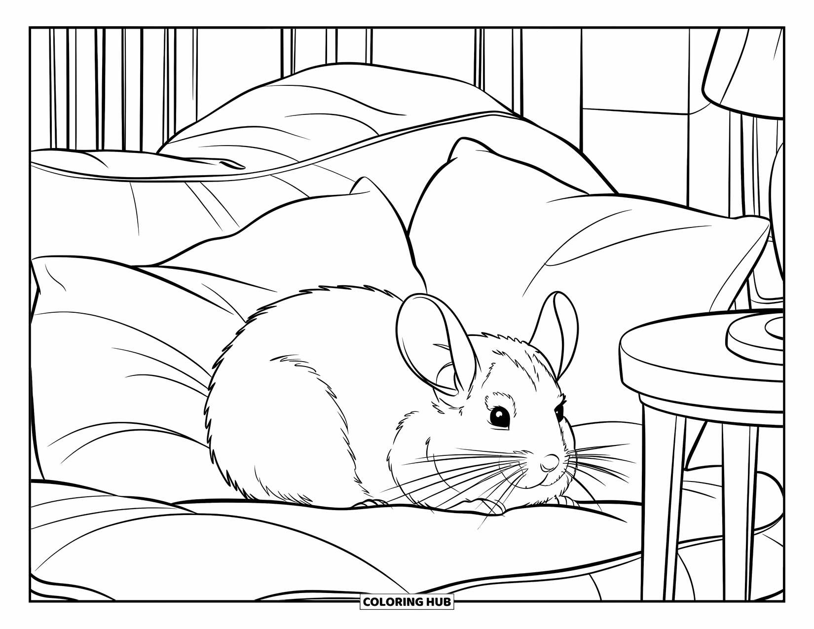 Chinchilla Coloring Page for Kids: Chinchilla snuggles between pillows in a cozy room with a lamp and window