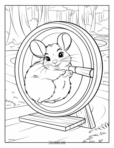 Coloriage de chinchilla pour enfants : Un chinchilla fait tourner doucement une roue dans une forêt avec un chemin sinueux