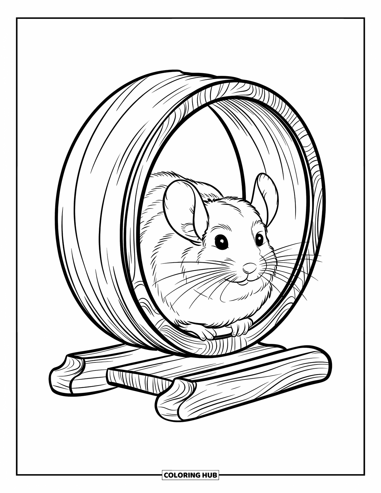 Chinchilla Coloring Page for Kids: Chinchilla spins happily inside a large wooden wheel on a sturdy base