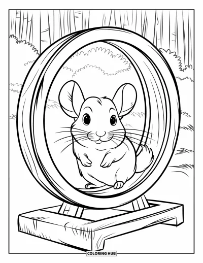 Coloriage de chinchilla pour enfants : Un chinchilla tourne dans une grande roue entourée de hauts arbres forestiers