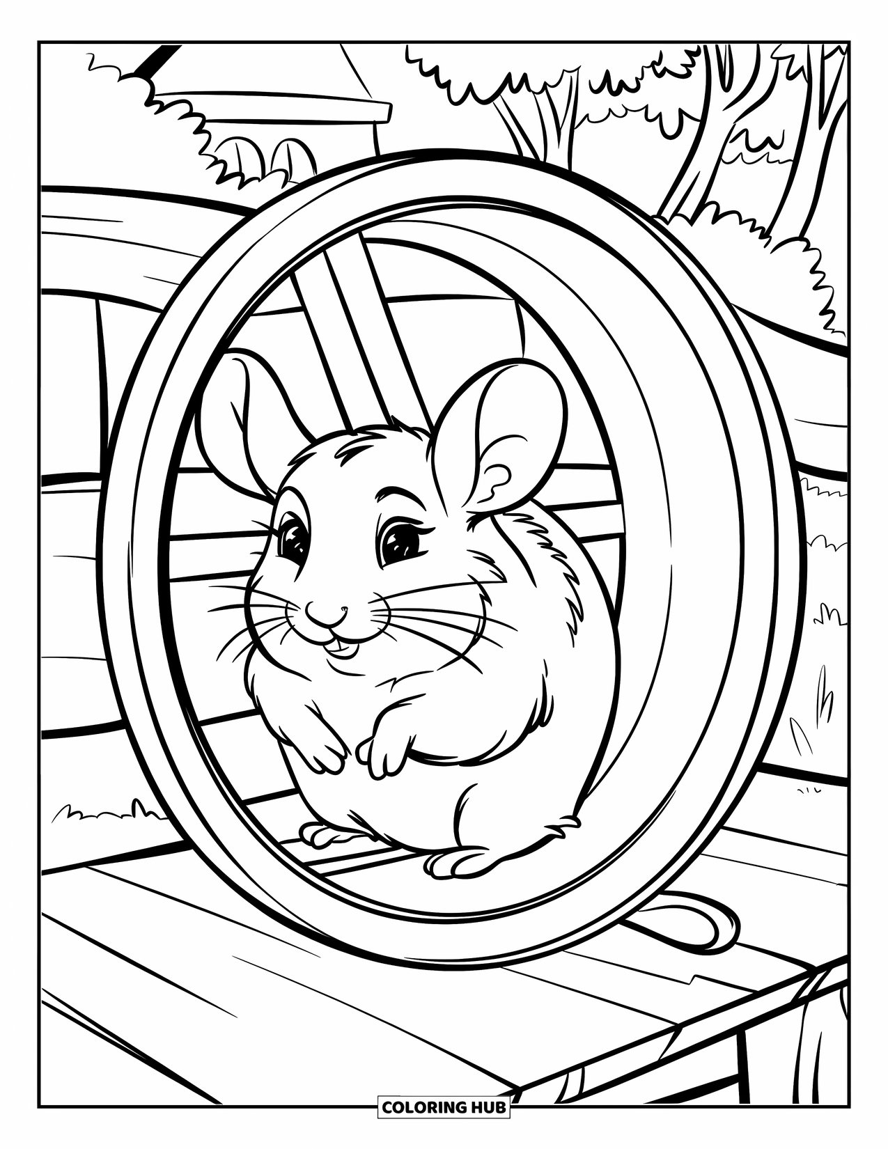 Chinchilla Coloring Page for Kids: Chinchilla turns a wooden wheel while sitting on a bench outdoors
