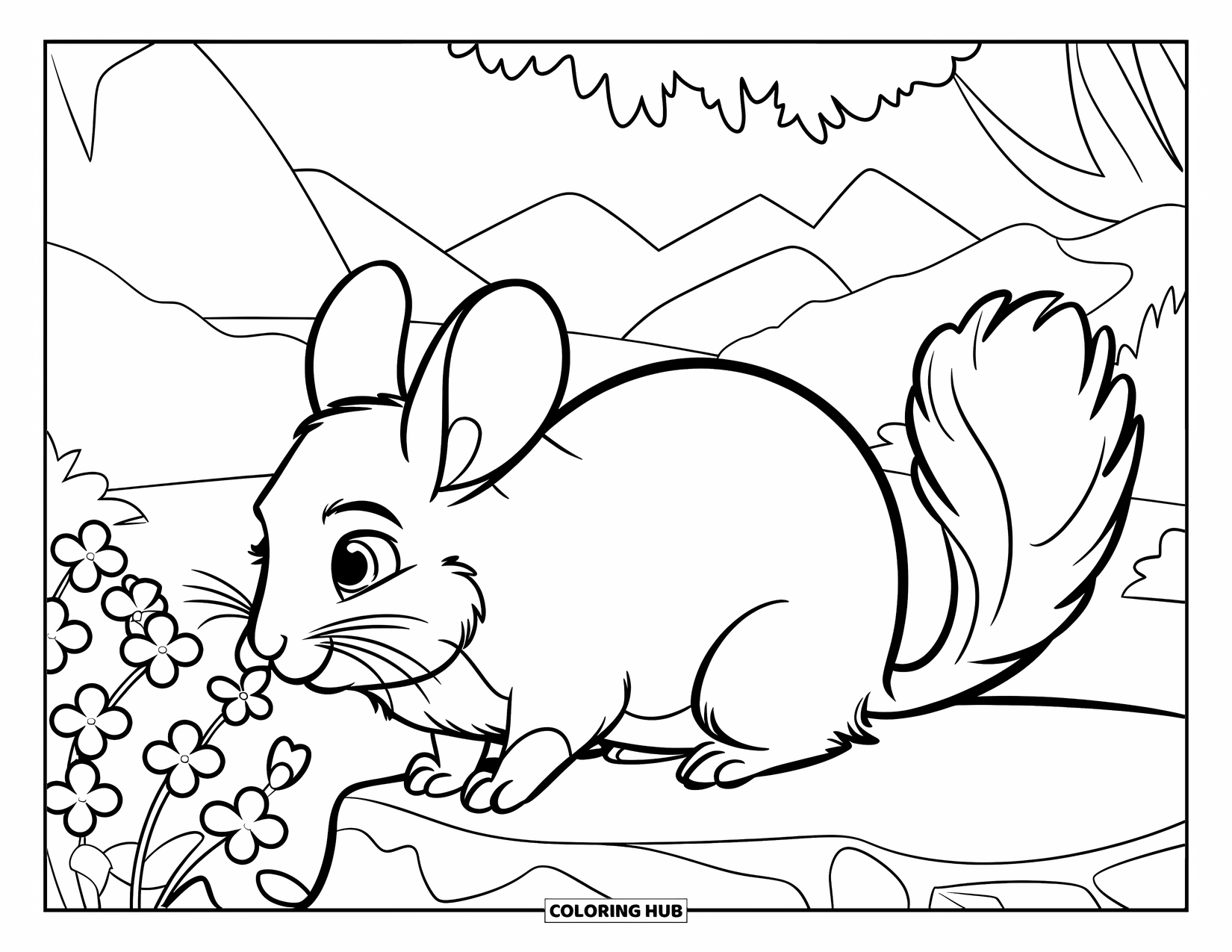 Chinchilla Coloring Page for Kids: Chinchilla with a gentle smile sniffs flowers on a peaceful mountain rock