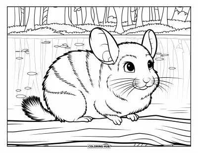 Coloriage de chinchilla pour enfants : Un chinchilla avec une rayure blanche est assis sur un tronc près d'étincelles et de feuilles tombantes