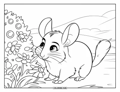 Coloriage de chinchilla pour enfants : Un chinchilla aux grands yeux hume des fleurs près de collines ondulantes sous un ciel ouvert