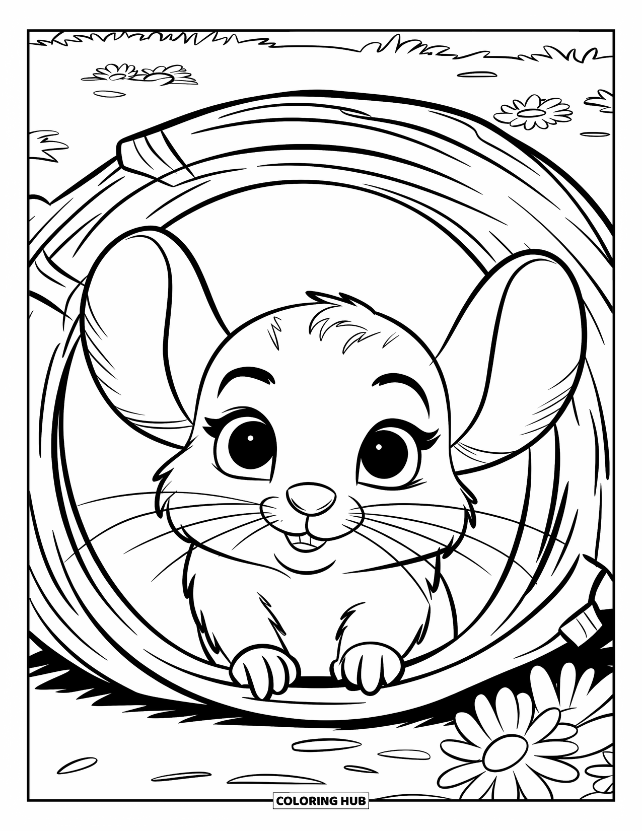 Chinchilla Coloring Page for Kids: Chinchilla with curious eyes peeks out from a stick hideout in a flower field
