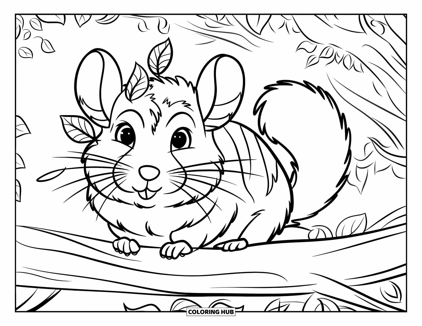 Chinchilla Coloring Page for Kids: Chinchilla with leaves in its fur relaxes on a branch in a lush forest