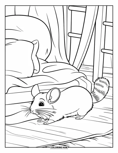 Coloriage de chinchilla pour enfants : Un chinchilla curieux explore une pièce avec un oreiller, une couverture et des poteaux en bois