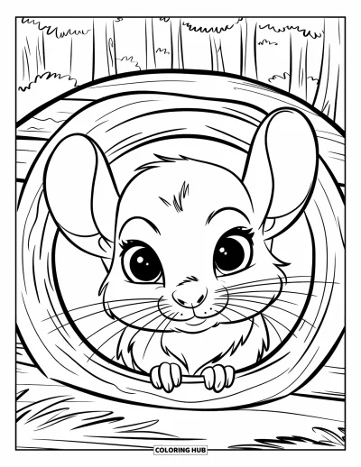 Coloriage de chinchilla pour enfants : Un bébé chinchilla duveteux pointe le nez depuis une cabane en bois dans une grande forêt verte
