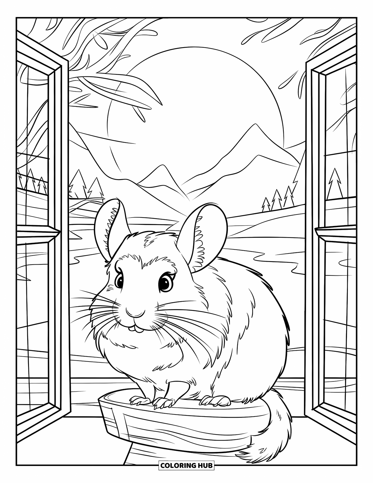 Chinchilla Coloring Page for Kids: Fluffy chinchilla perches under moonlight with mountains and trees in the background