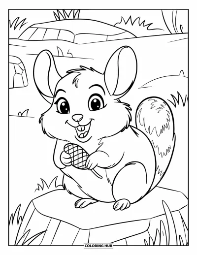 Coloriage de chinchilla pour enfants : Un chinchilla joyeux tient une graine de tournesol assis sur un rocher dans l'herbe