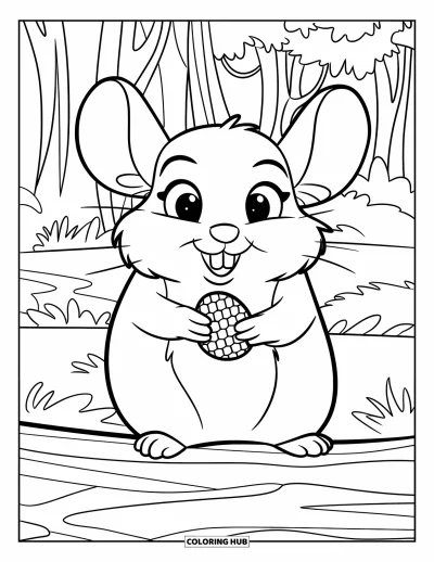 Coloriage de chinchilla pour enfants : Un chinchilla souriant tient une graine de tournesol assis sur un tronc dans la forêt