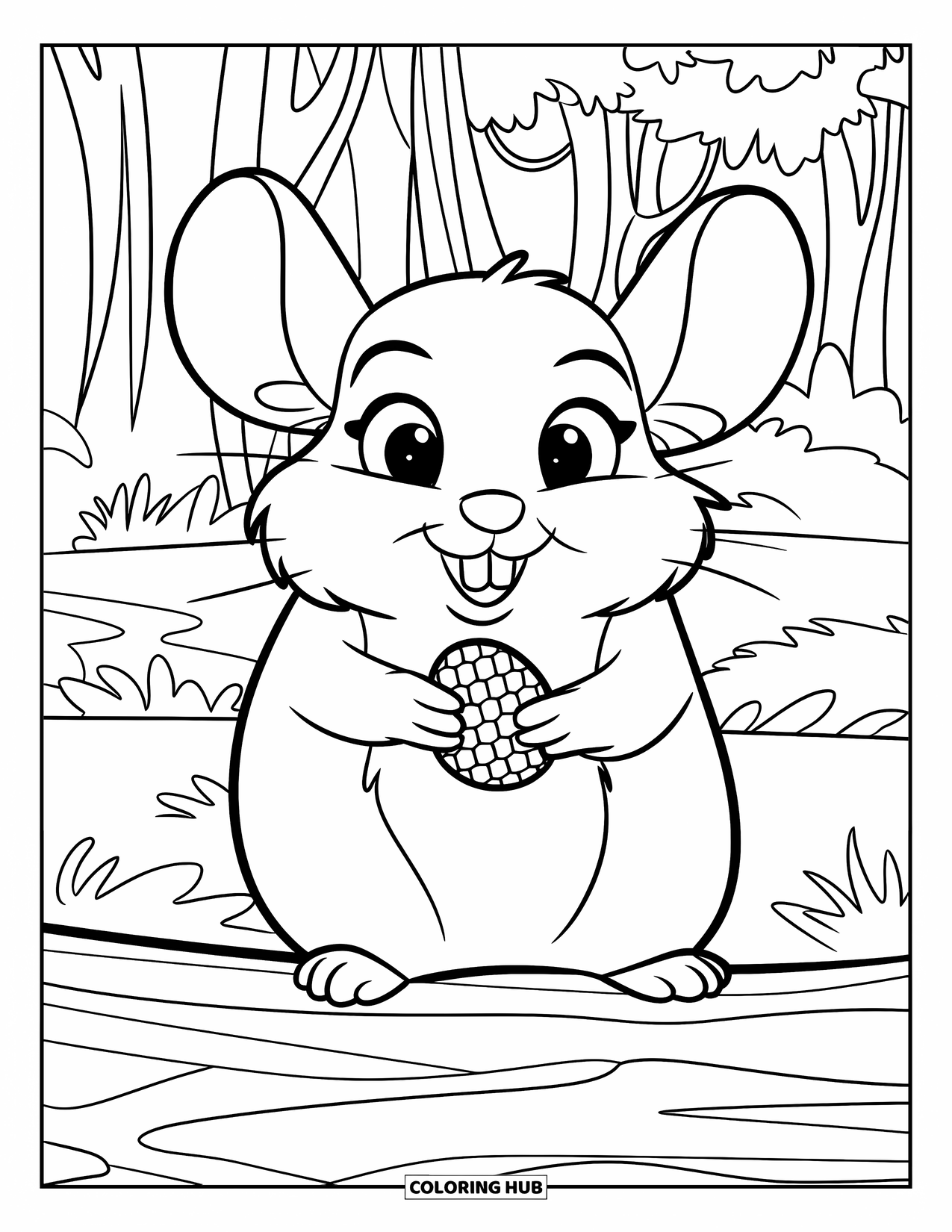 Chinchilla Coloring Page for Kids: Smiling chinchilla holds a sunflower seed while sitting on a log in the woods