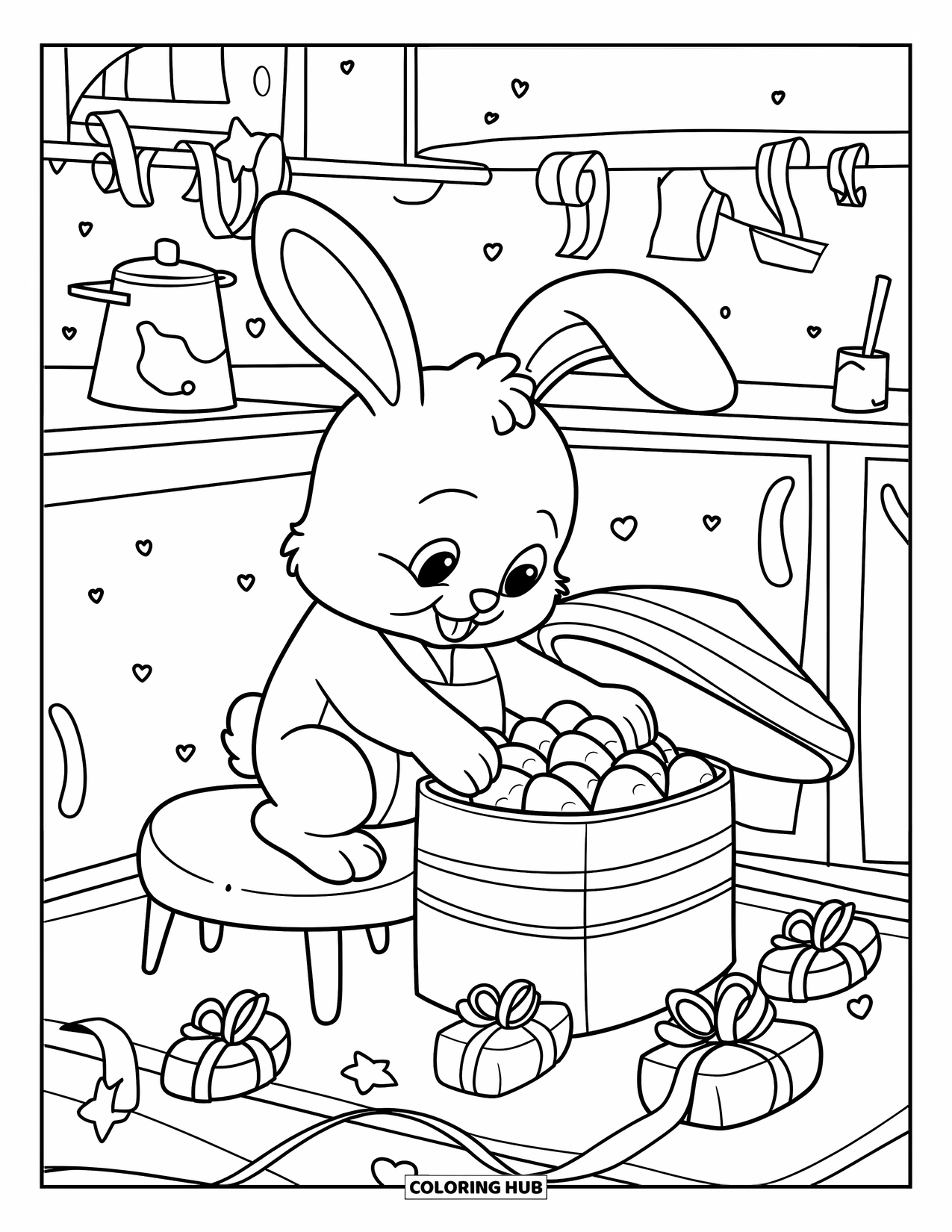 Chocolate Coloring Page for Adults: A bunny carefully packs heart chocolates into a gift box with bows and ribbons nearby