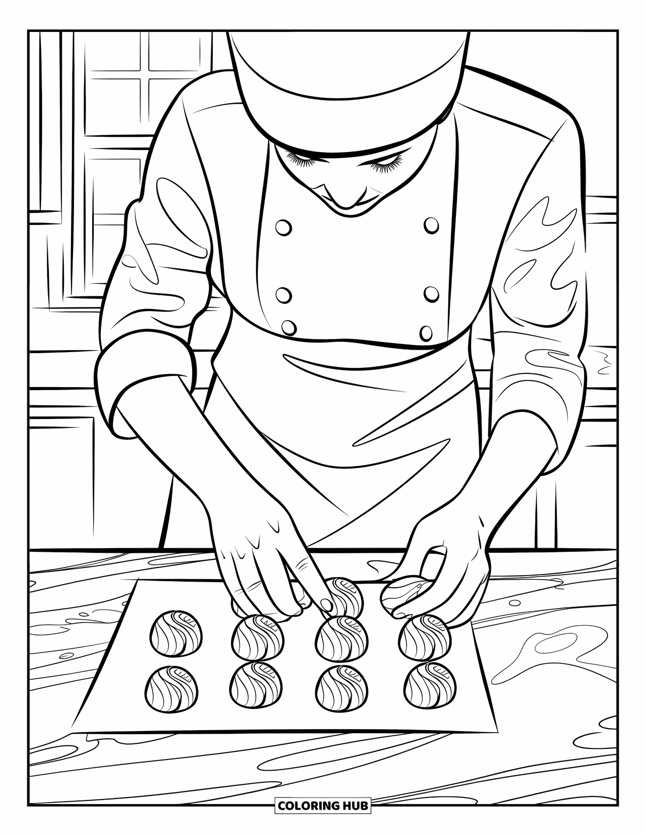 Chocolate Coloring Page for Adults: A chef carefully shapes bonbons on a swirling marble counter