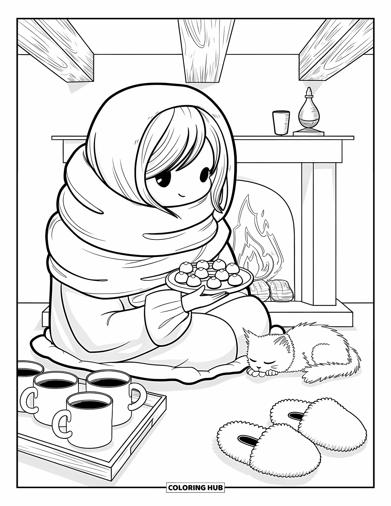 Chocolate Coloring Page for Adults: A chibi girl journals by the fire with cocoa, truffles, and a sleepy kitten beside her