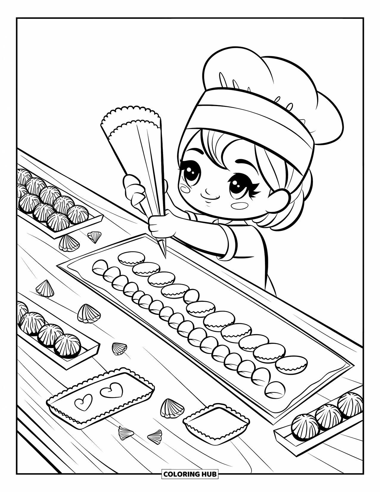 Chocolate Coloring Page for Adults: A chibi pastry chef decorates bonbons with truffles, curls, and heart wrappers around her