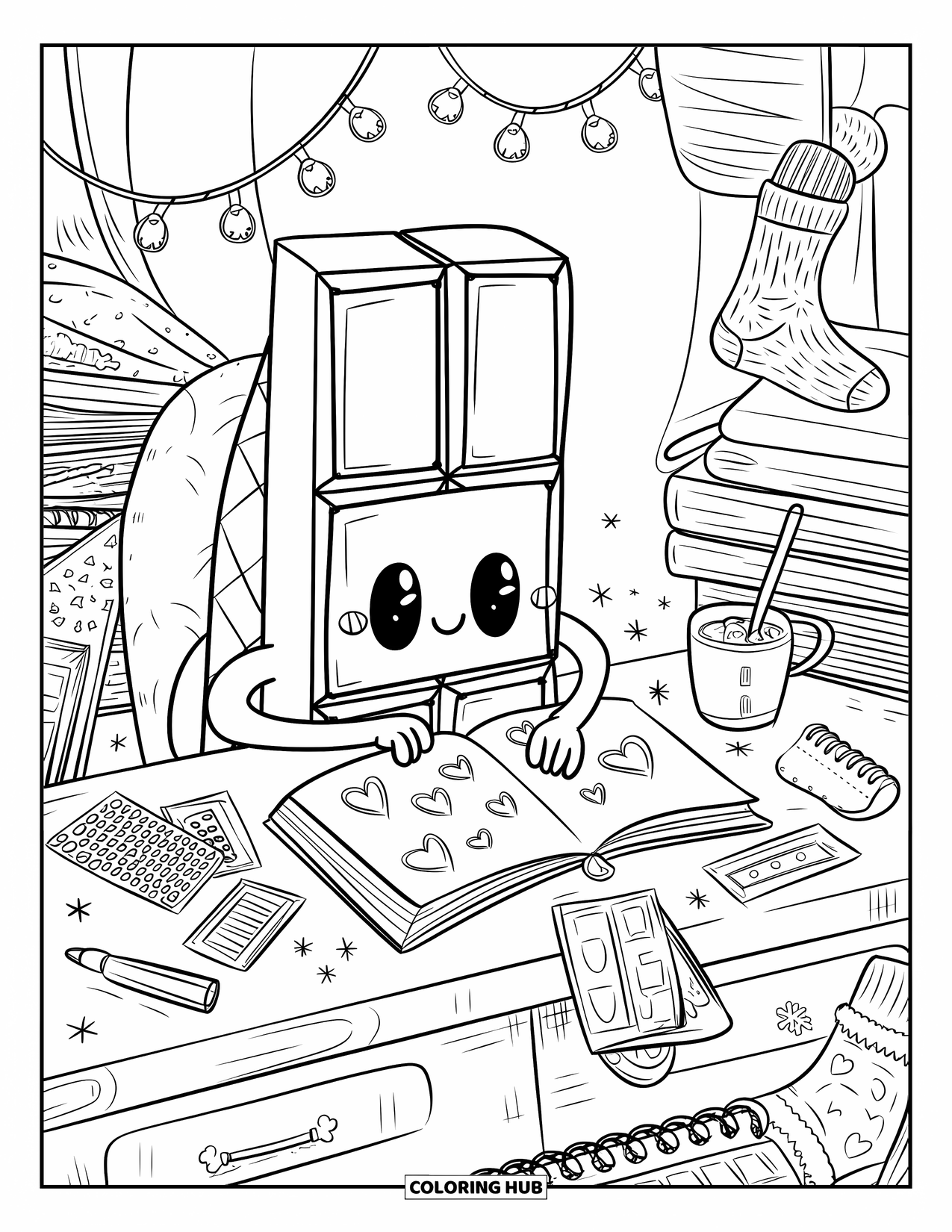 Chocolate Coloring Page for Adults: A chocolate bar character doodles hearts and cocoa cups at a cozy journaling desk