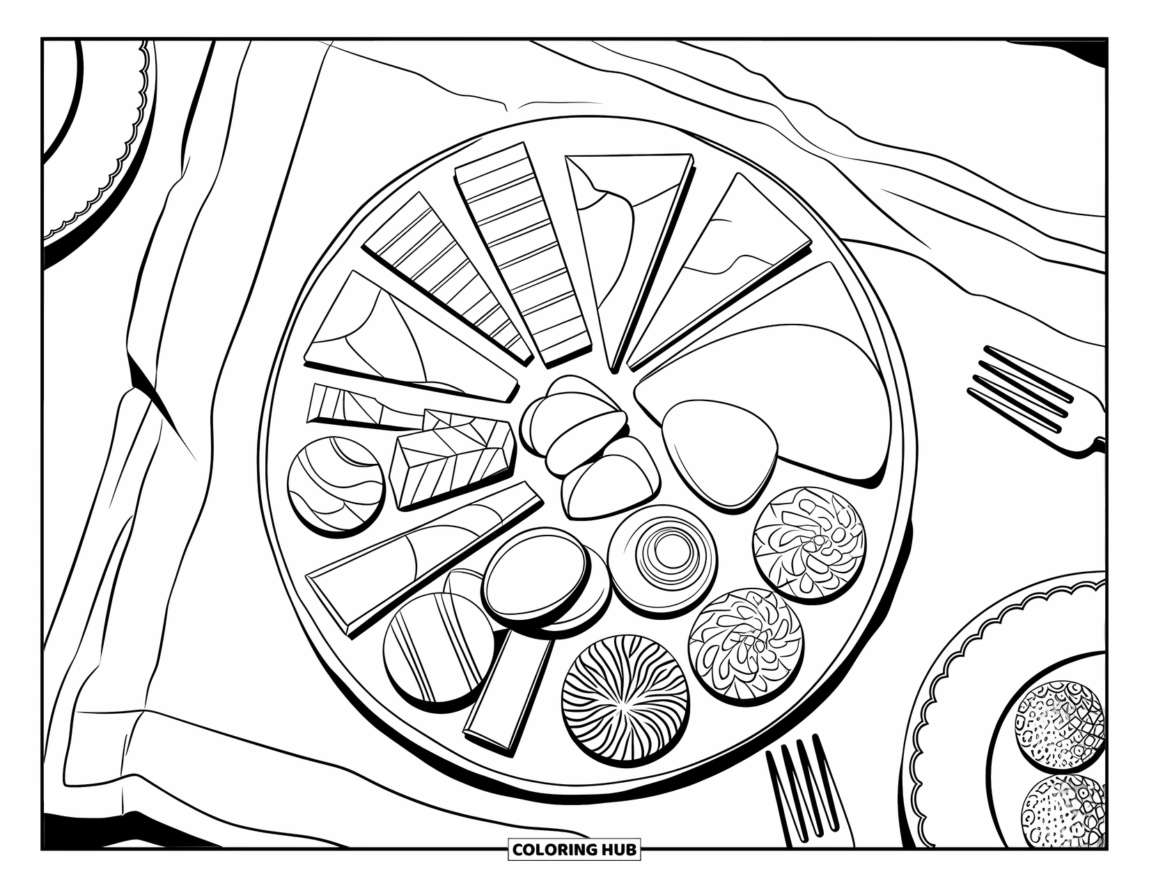 Chocolate Coloring Page for Adults: A chocolate board with piped designs and shaped pieces sits on a neatly folded cloth