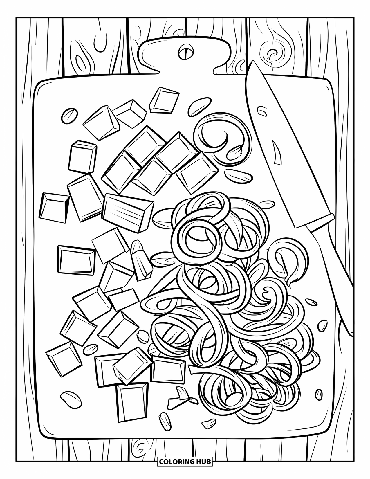 Chocolate Coloring Page for Adults: A chopping board holds chocolate chunks, curls, slivers, and a knife with scattered nuts