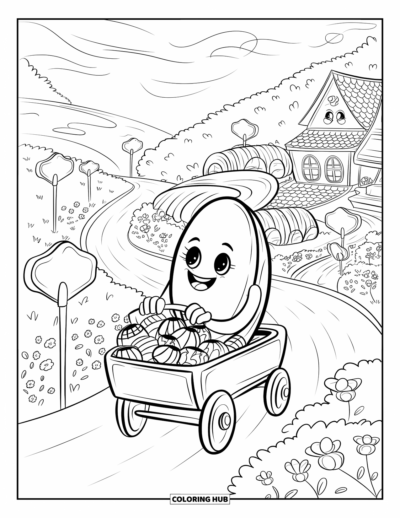 Chocolate Coloring Page for Adults: A cocoa bean rides through a cute hillside town in a wagon packed with chocolates