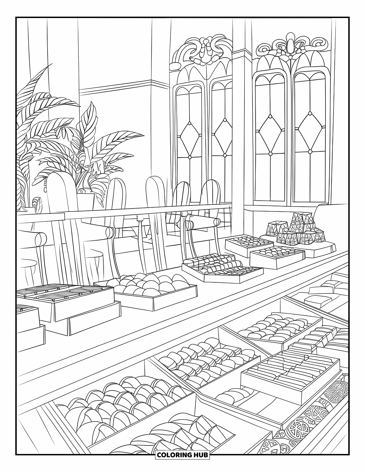 Chocolate Coloring Page for Adults: A cozy chocolate shop window with ribboned boxes and treats on display