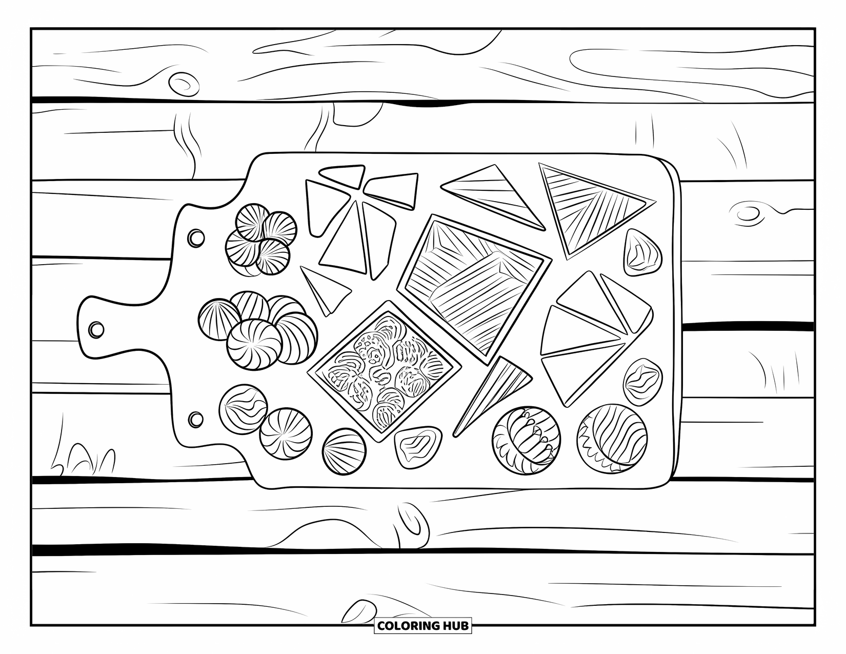 Chocolate Coloring Page for Adults: A gourmet board holds exotic chocolate shards and piped treats with detailed patterns