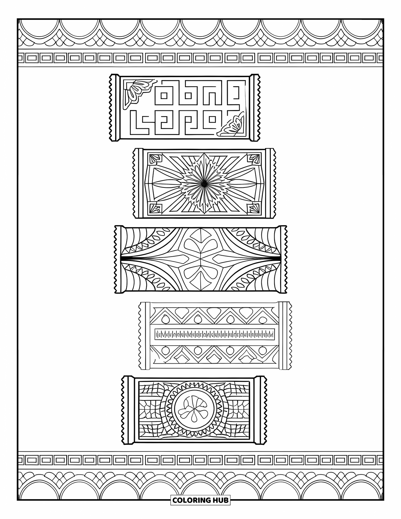 Chocolate Coloring Page for Adults: A vertical stack of chocolate bars with fun shapes and playful patterns